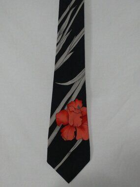 Vintage LEONARD PARIS Pure Silk Floral Neck Tie Navy Blue Red Iris Orchid